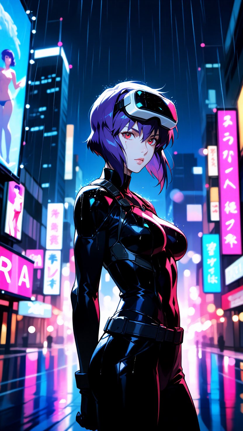 Motoko Kusanagi, solo, inspired by Ghost in the Shell, cyberpunk anime style, short purple hair, bob — AI image prompt — GPT Image 2.5