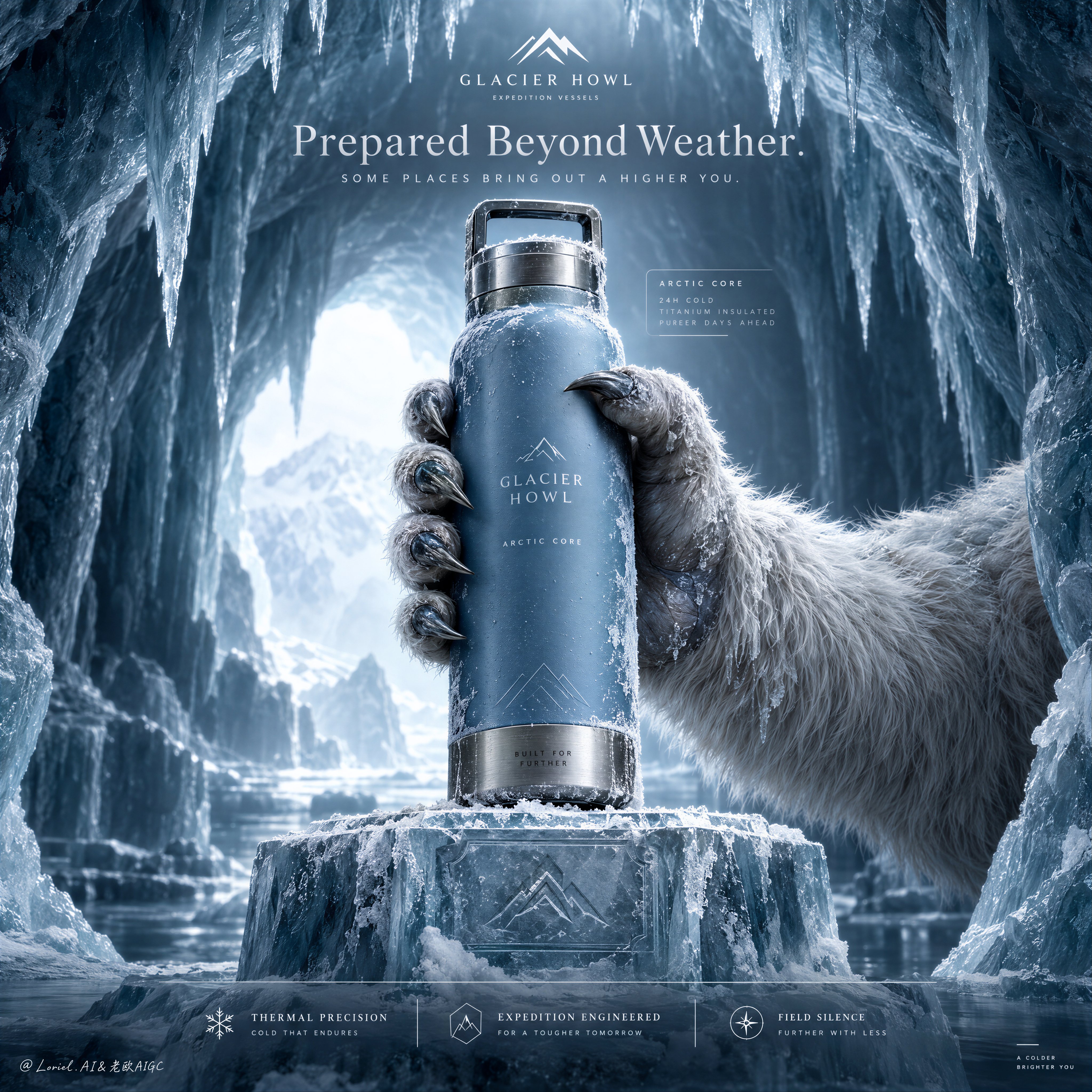 Create a Cannes-level ultra-premium outdoor hydration advertising poster for a fictional expedition  — AI image prompt — GPT Image 2.5