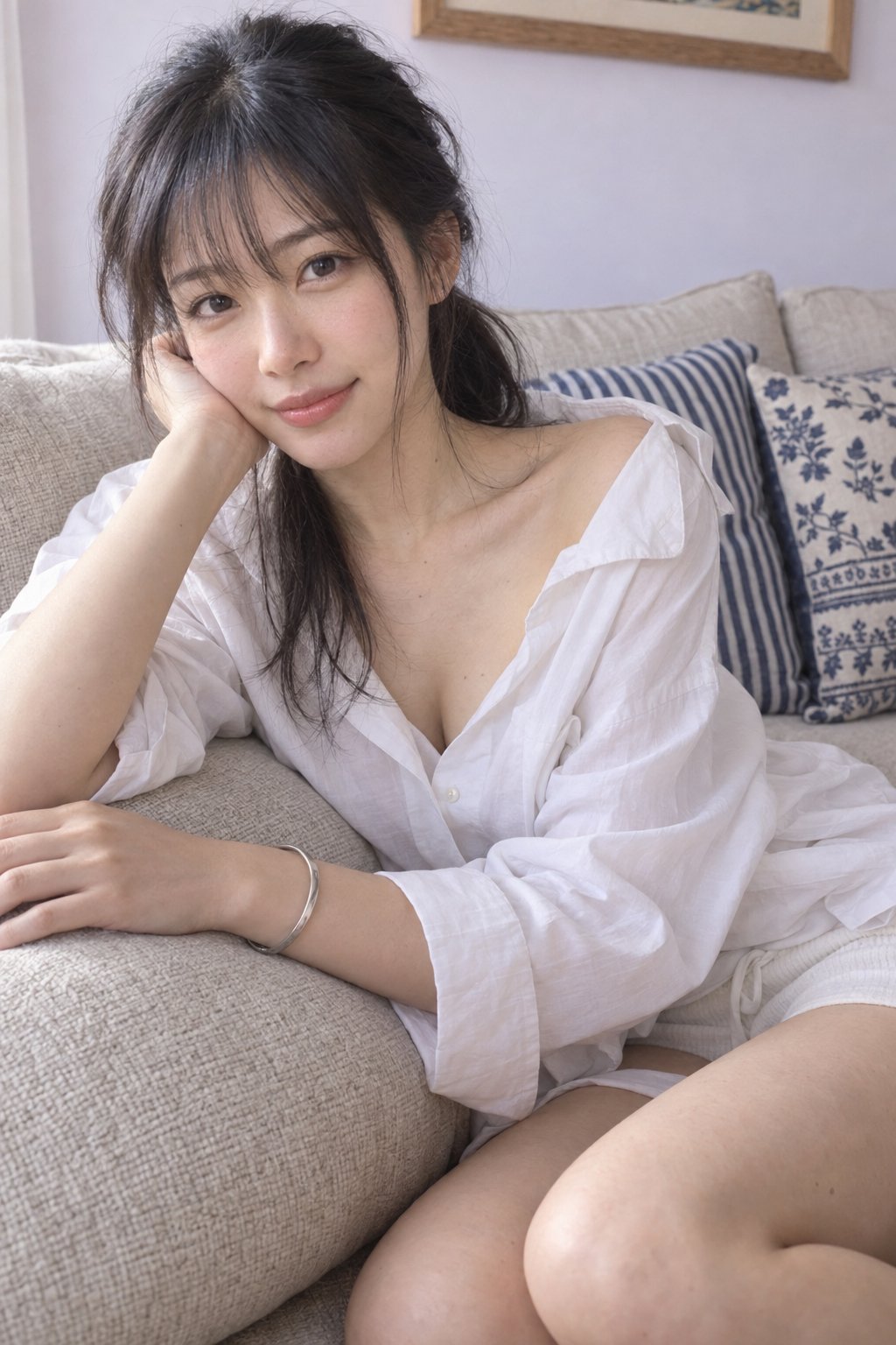 A softly intimate photorealistic lifestyle portrait of an adult East Asian woman relaxing on a light — AI image prompt — GPT Image 2.5