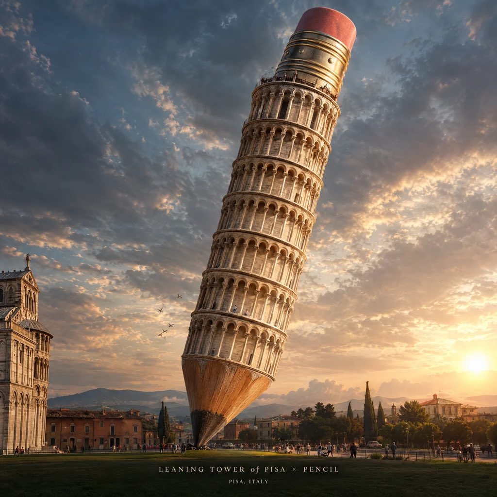 [FAMOUS STRUCTURE]が[OBJECT]の巨大なバージョンへと変貌しながらも、その元の建築的アイデンティティが一目で認識できる、壮観な4:5の縦型シネマティックアートワークを制作してくだ — AI image prompt — GPT Image 2.5