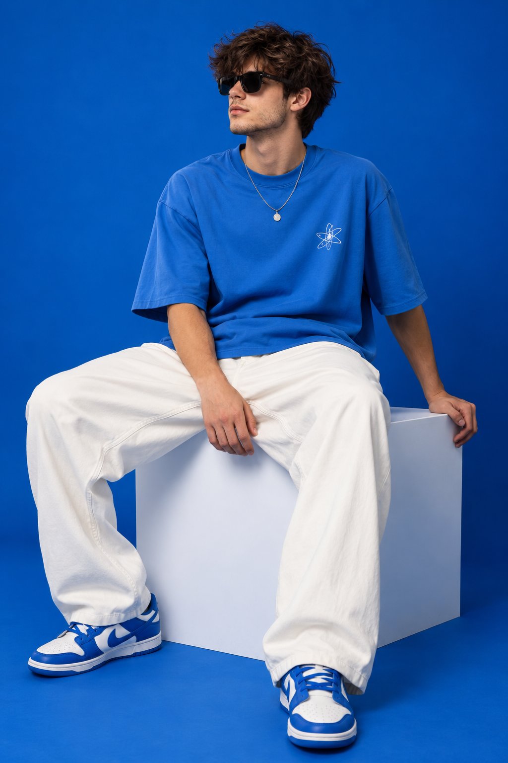 2:3 vertical streetwear editorial, young male model seated on a large white cube, legs positioned ap — AI image prompt — GPT Image 2.5