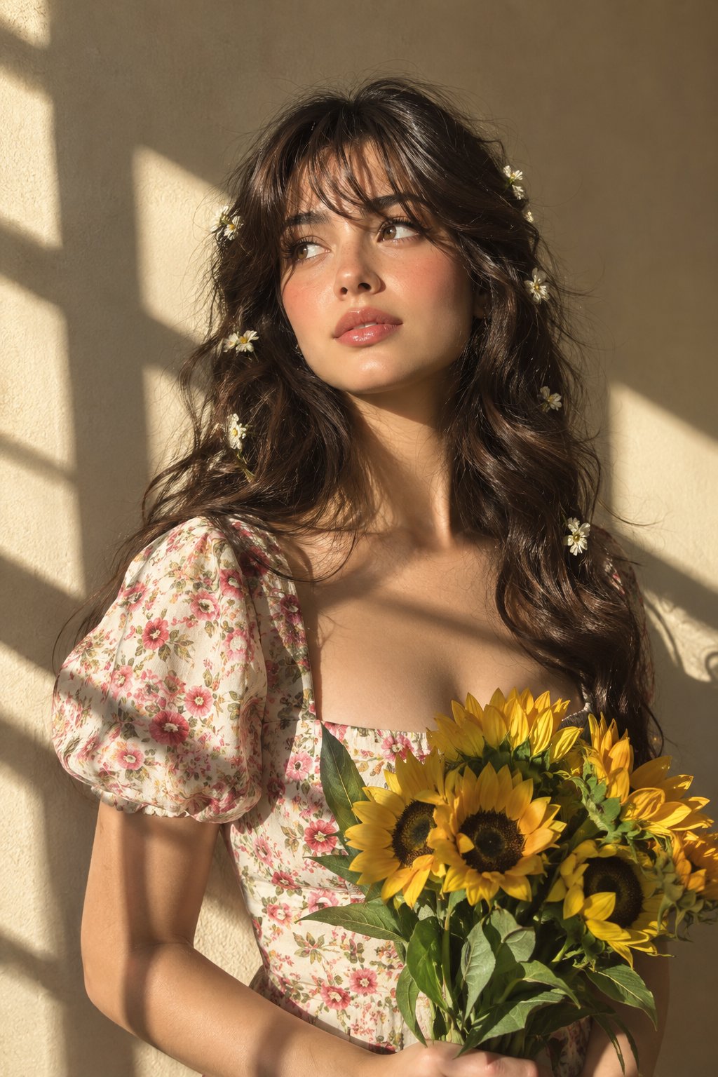 Natural-light editorial portrait of a young woman with long tousled dark brunette waves and soft ban — AI image prompt — FLUX 3