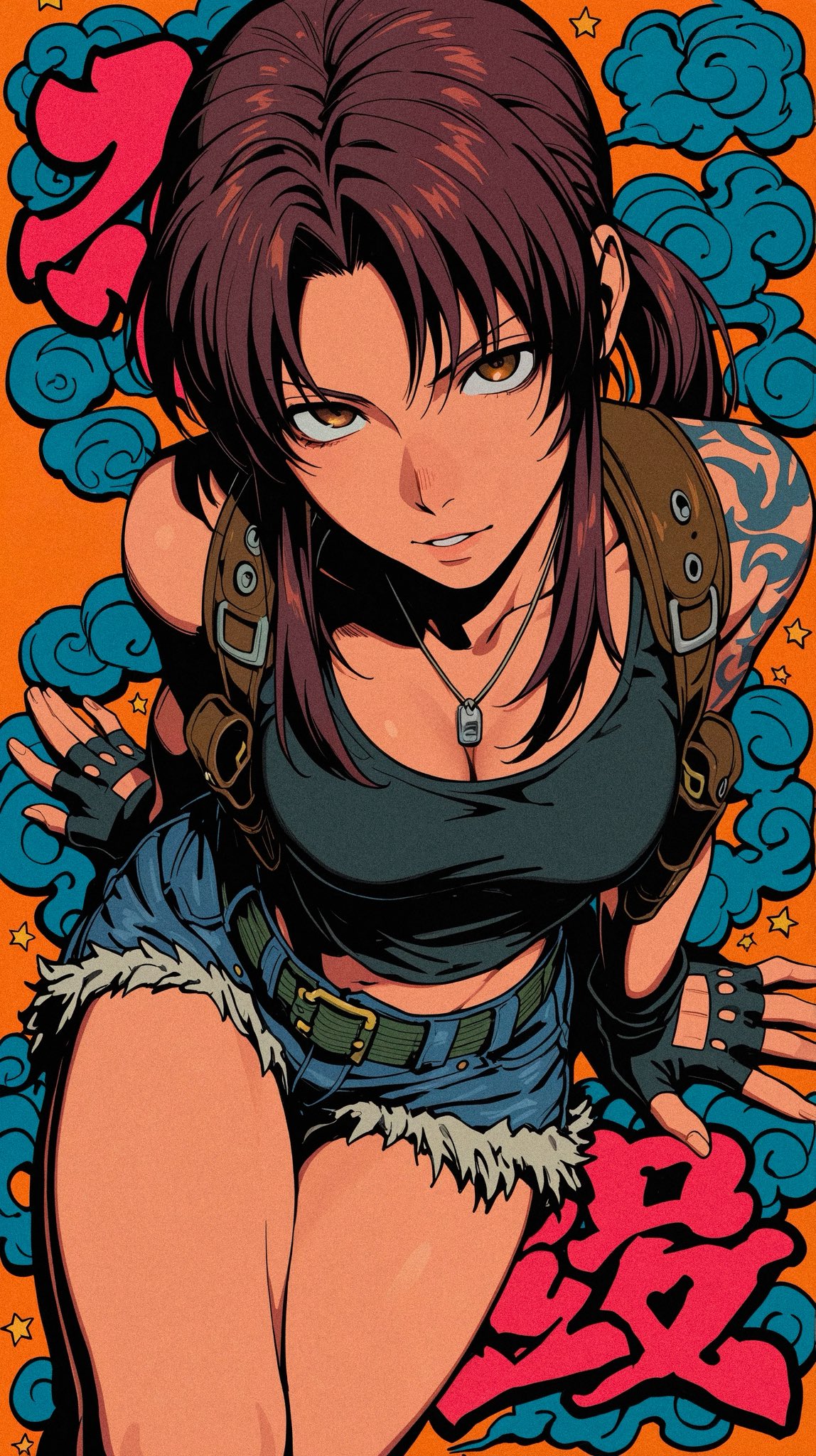 Reimagine adult Revy from Black Lagoon in a bold contemporary anime × underground street-art editori — AI image prompt — Nano Banana Pro