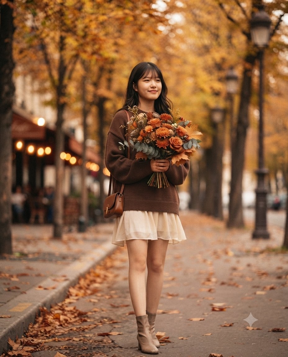 Create a dreamy, cinematic autumn portrait of the girl from the reference image, preserving her faci — AI image prompt — Nano Banana Pro