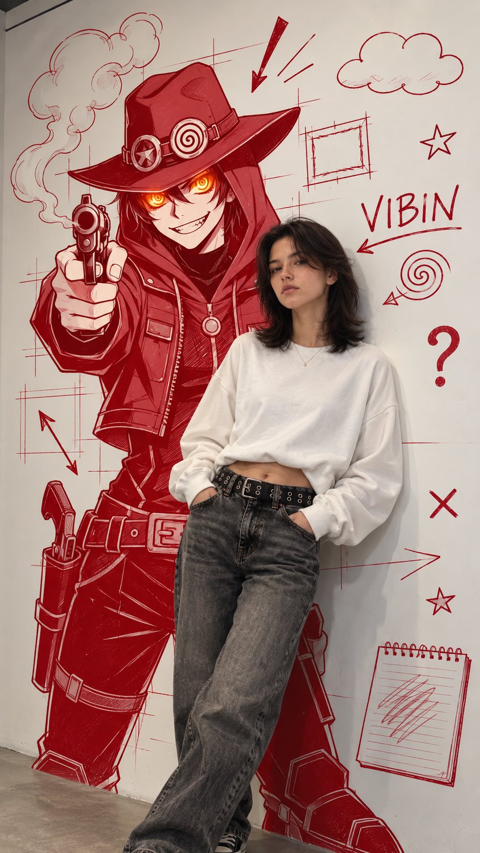 若い女性が屋内で、大きな手描きアニメ風の壁壁画の前に立っている、超リアルなシネマティックライフスタイル写真を作成する。

背景には、大きなカウボーイハット、丸い渦巻きゴーグル、フード付きジャケット、ユ — AI image prompt — GPT Image 2.5