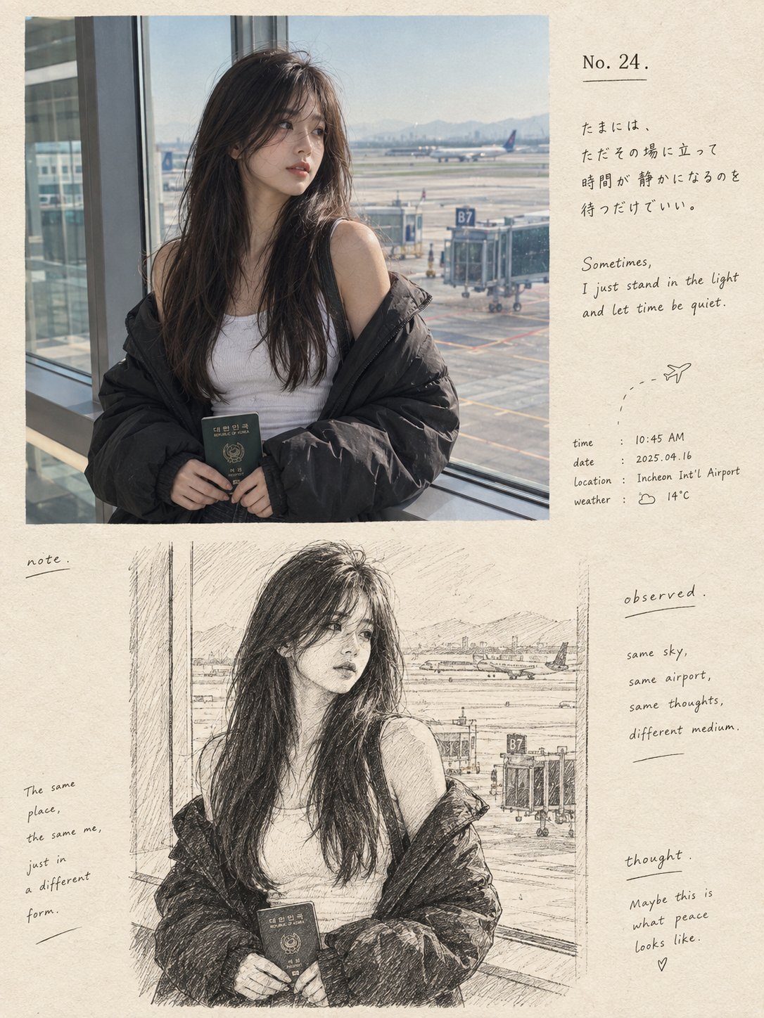 공항 터미널에 있는 젊은 동아시아 여성을 담은 프리미엄 노스탤직 에디토리얼 사진-스케치 아트북 페이지로, 깔끔한 세로 3:4 구도로 구성된다. 상단 섹션에는 여성이 공항의 큰 창가 — AI image prompt — GPT Image 2