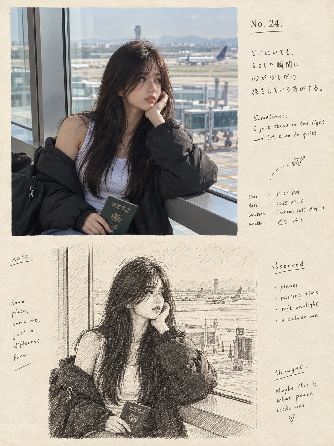 Airport Photo and Ink Sketch Artbook Page — AI image prompt — GPT Image 2 — Cinematic, Realistic, Portrait - 2
