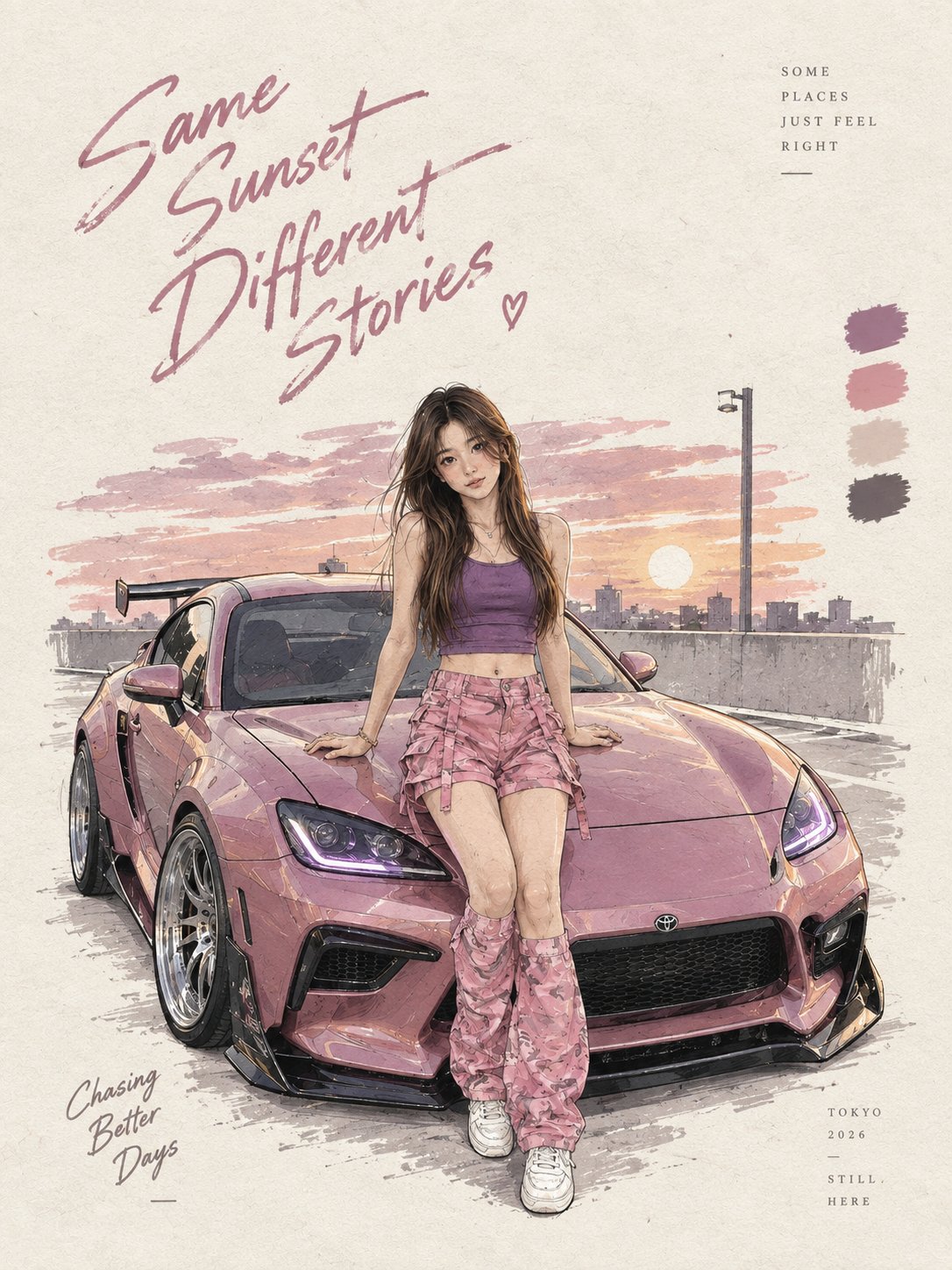夕暮れ屋上スポーツクーペポートレート — AI image prompt — GPT Image 2.5 — Fashion, Realistic, Portrait - 2