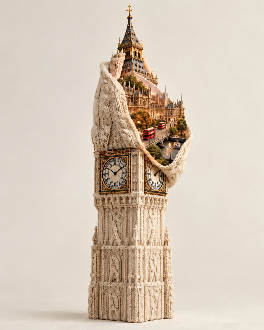 ニットのランドマーク織物彫刻とミニチュア都市 — AI image prompt — GPT Image 2.5 — Surreal, Architecture, 3D Render - 1