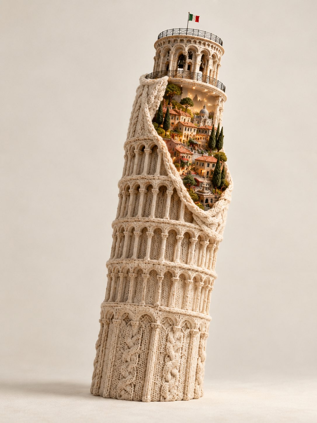 ニットのランドマーク織物彫刻とミニチュア都市 — AI image prompt — GPT Image 2.5 — Surreal, Architecture, 3D Render - 2