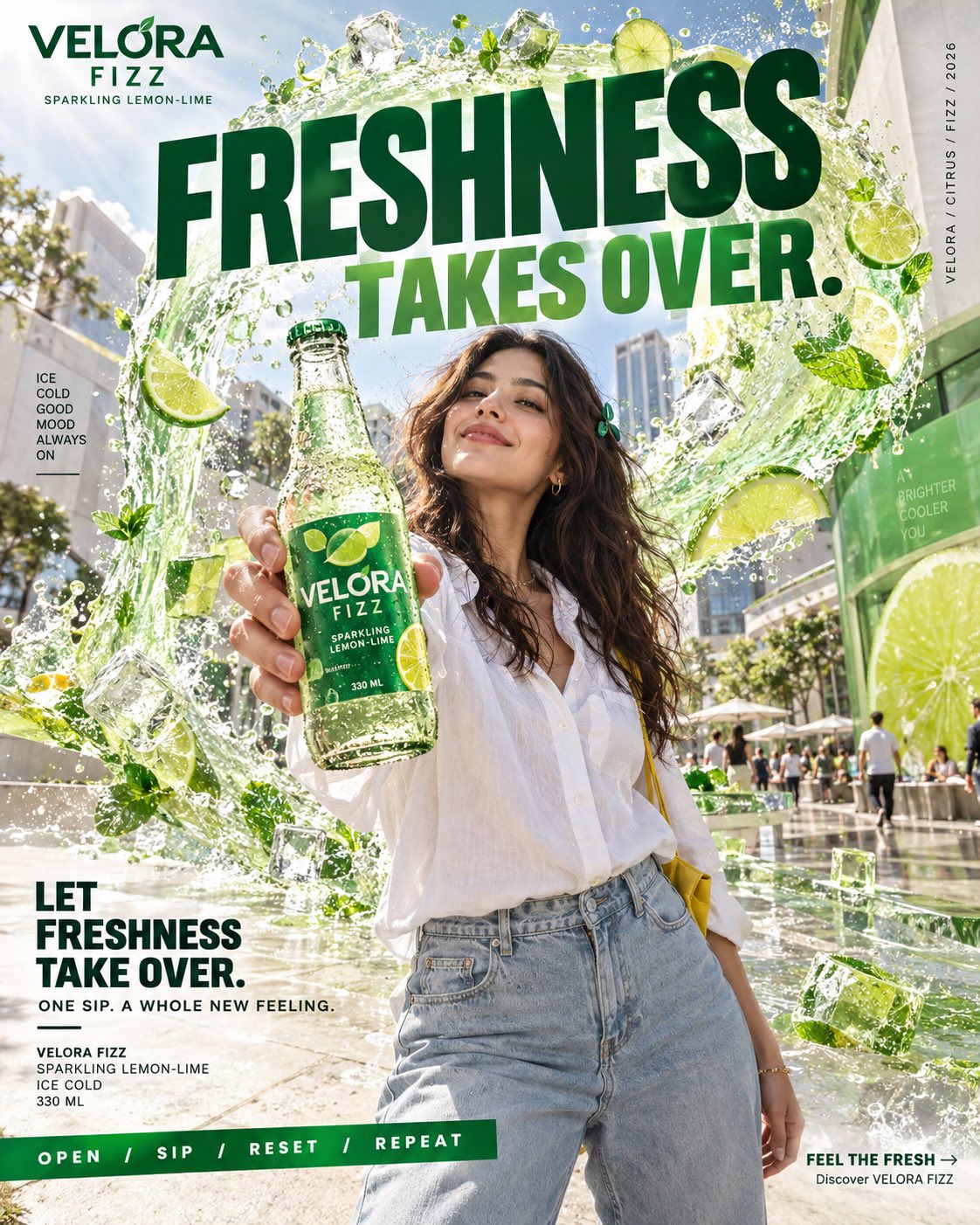 超高級VELORA FIZZ —「LET FRESHNESS TAKE OVER」広告ポスターを制作。

フォーマット：縦4:5、8K UHD、超リアルなコマーシャルフォトグラフィー、シネマティックな — AI image prompt — GPT Image 2.5