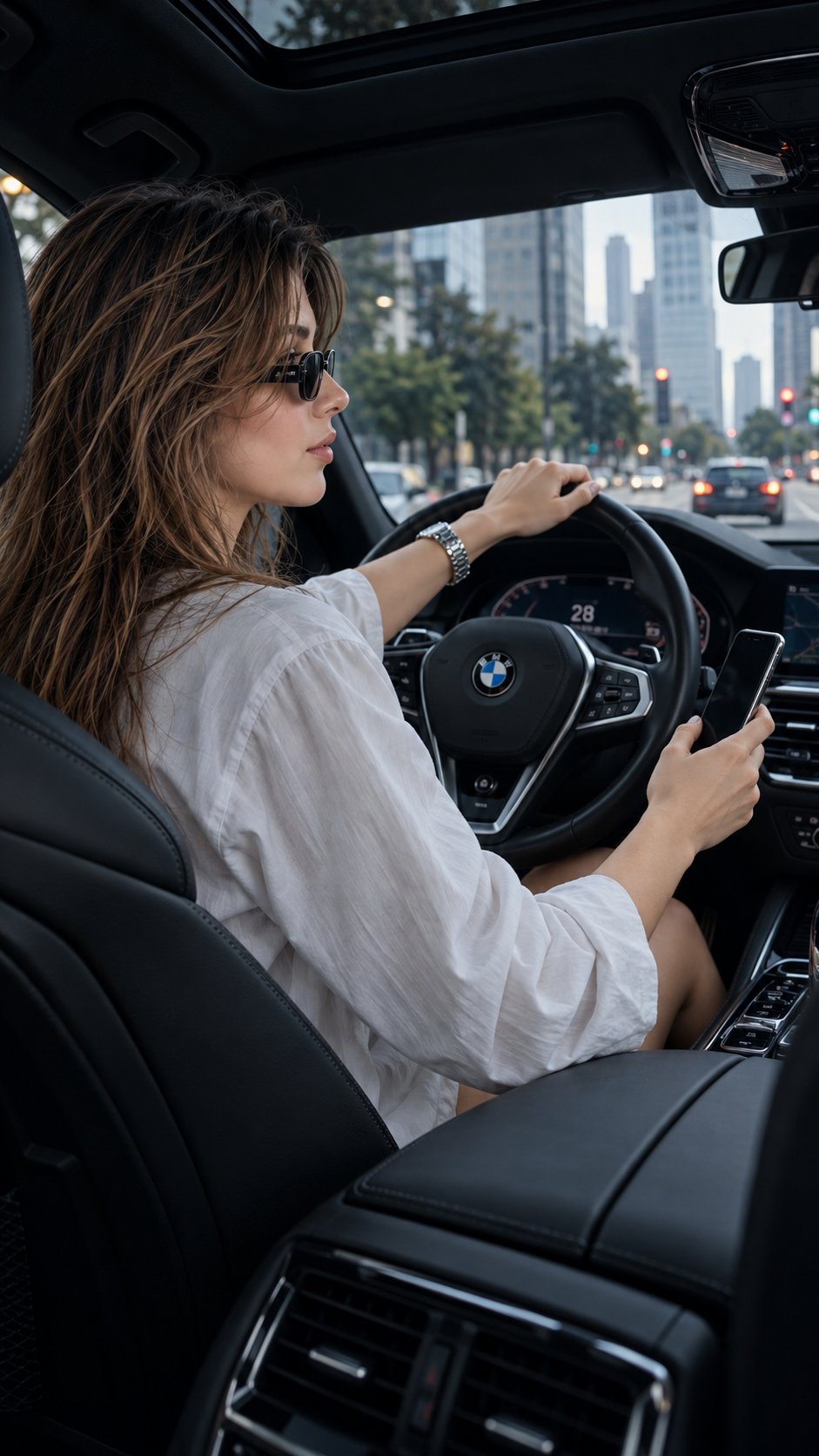Cinematic Woman in Black BMW Portrait — AI image prompt — GPT Image 2.5 — Cinematic, Realistic, Portrait