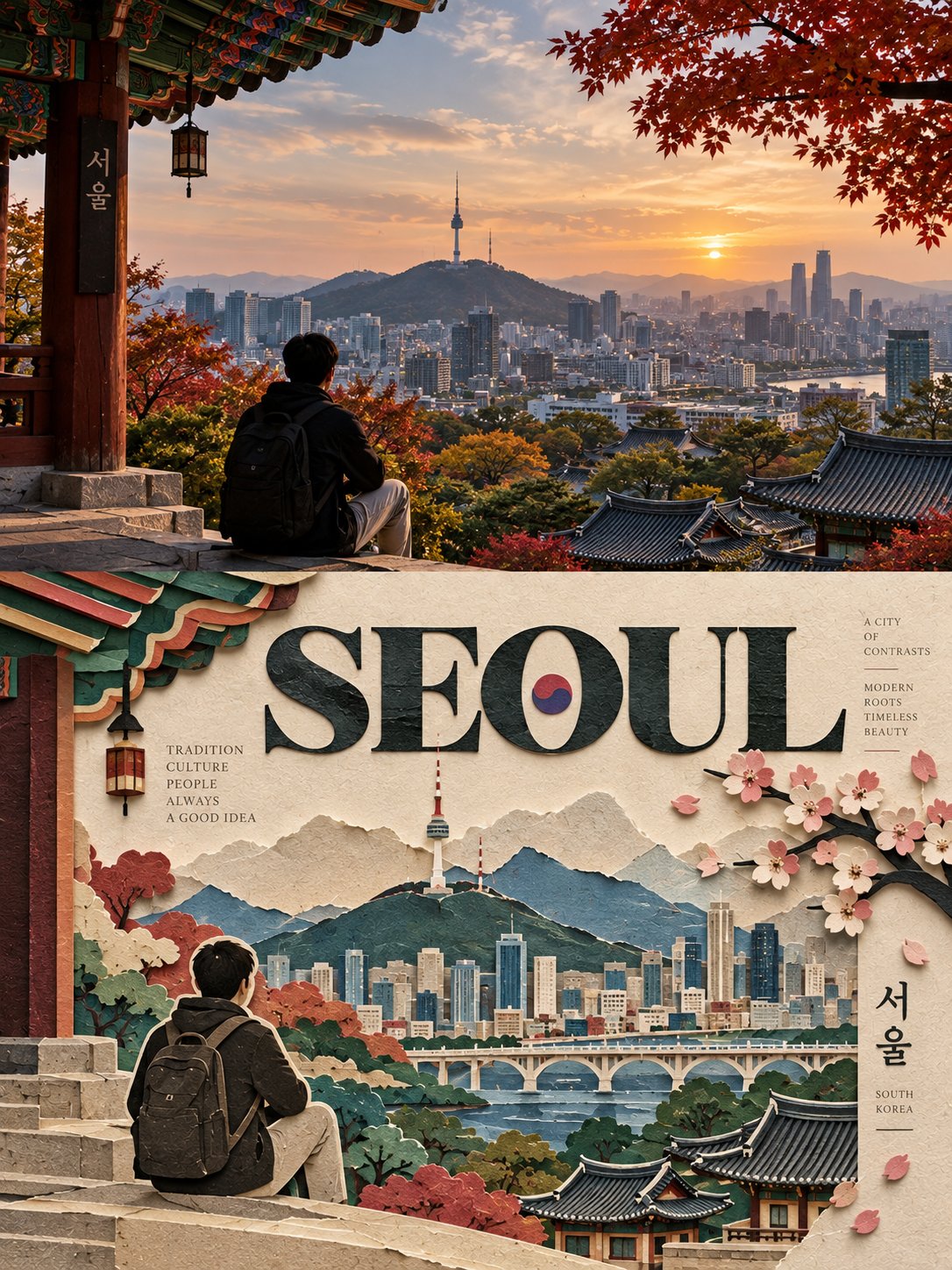 Split Editorial Travel Poster Paper Cut — AI image prompt — GPT Image 2.5 — Poster, Cinematic, Realistic - 2
