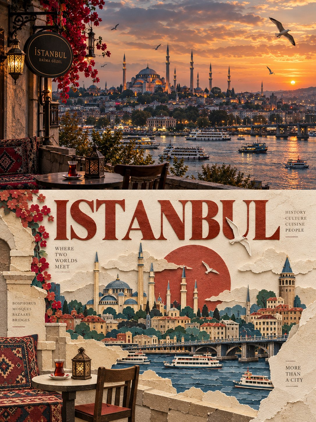 Split Editorial Travel Poster Paper Cut — AI image prompt — GPT Image 2.5 — Poster, Cinematic, Realistic - 3