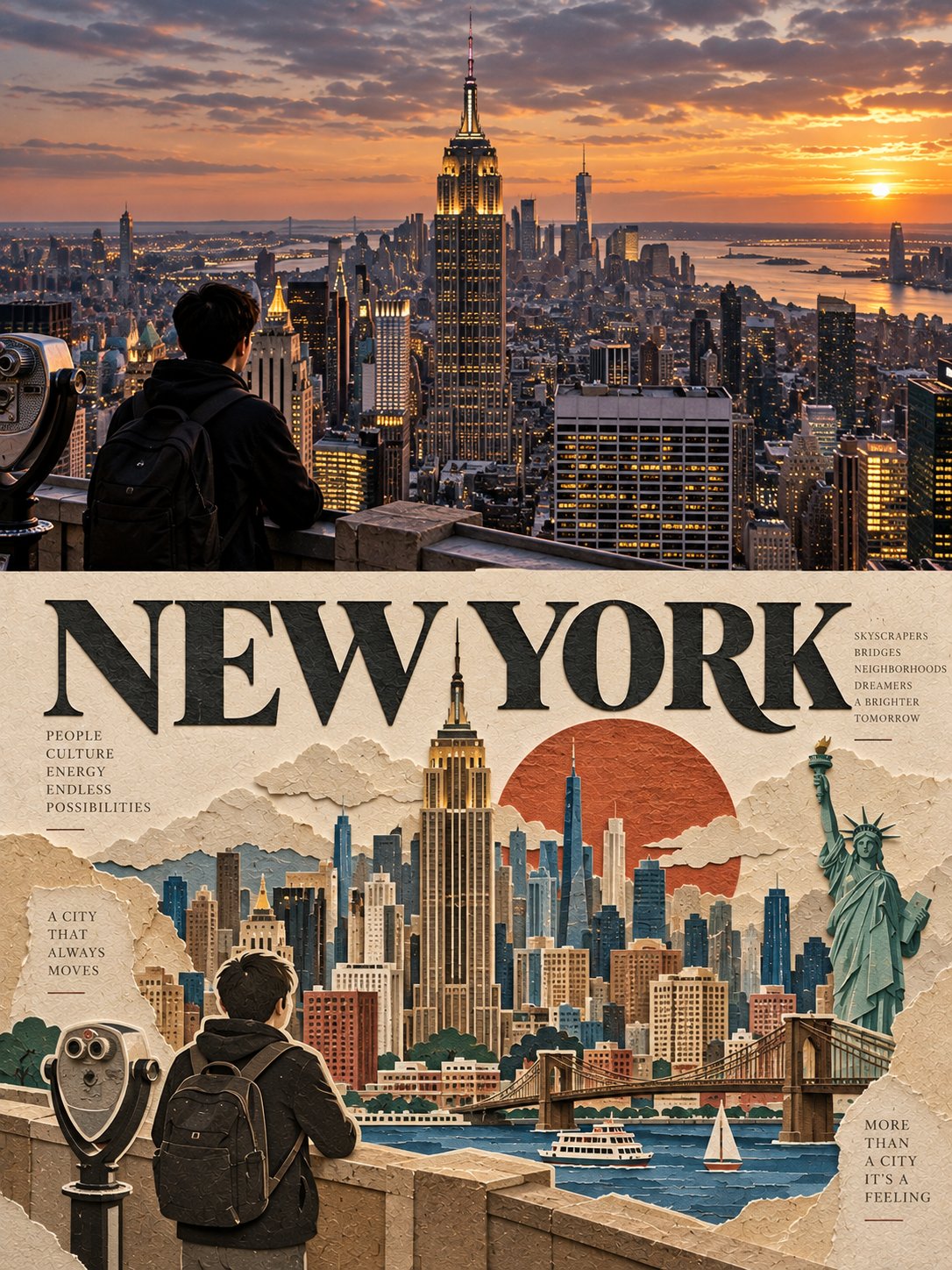 Split Editorial Travel Poster Paper Cut — AI image prompt — GPT Image 2.5 — Poster, Cinematic, Realistic - 4