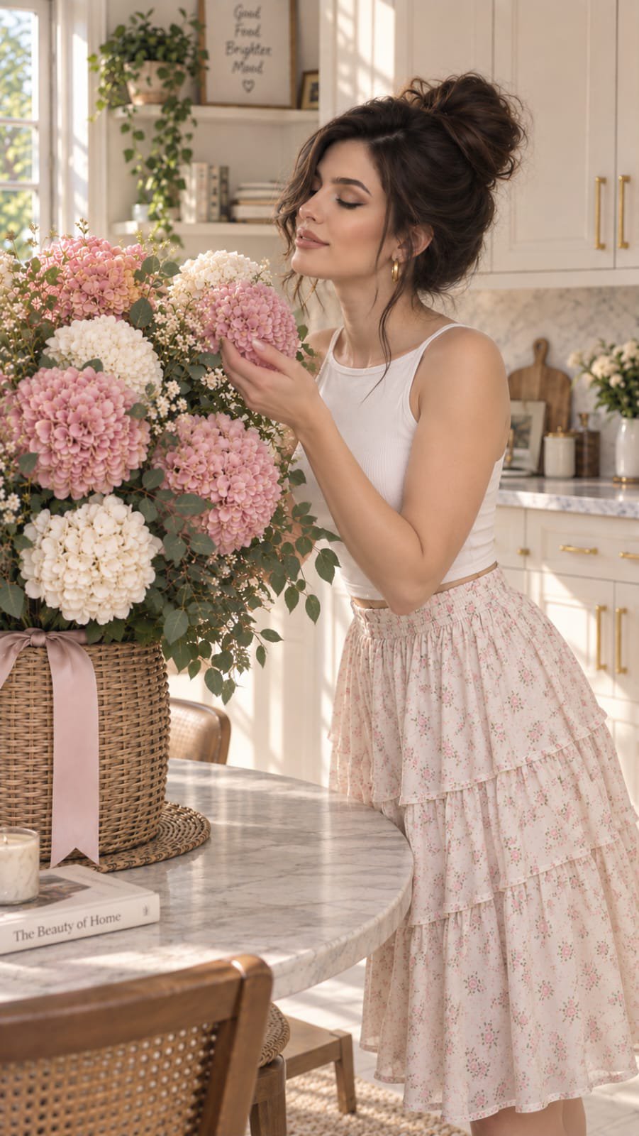 Woman with Hydrangeas in Cream Kitchen — AI image prompt — GPT Image 2.5 — Fashion, Realistic, Portrait - 2