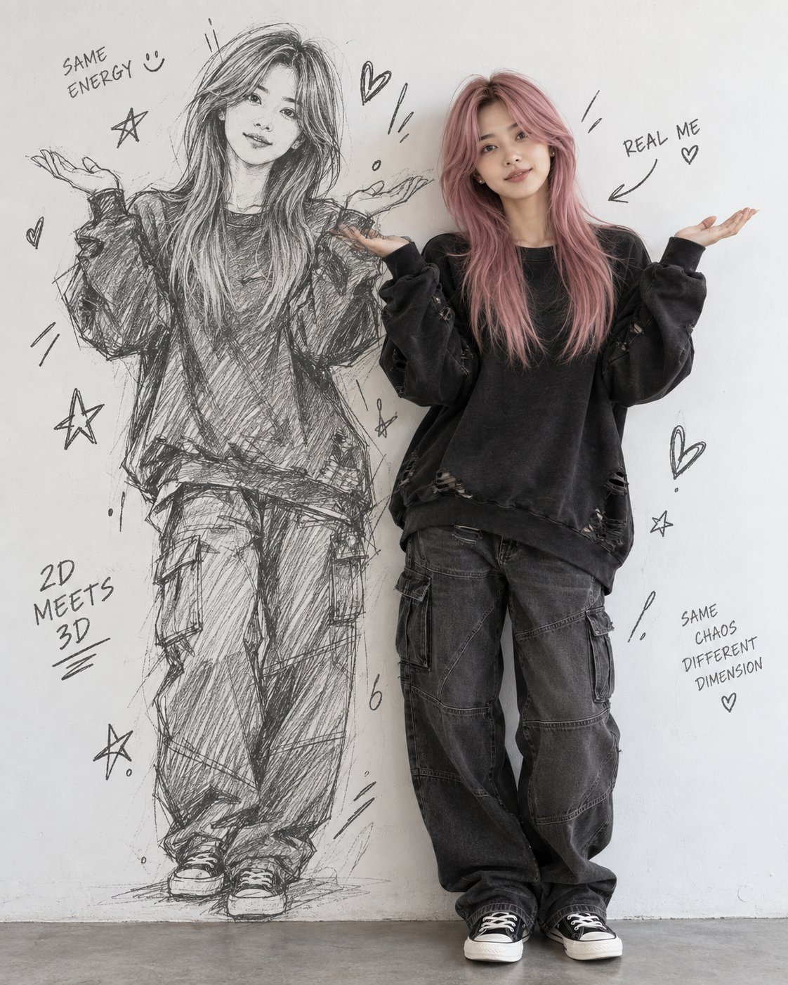 깨끗한 흰 벽을 배경으로 실내에 서 있는 젊은 여성과, 그녀 옆에 서 있는 그녀 자신을 그린 크고 손으로 그린 흑백 연필 스케치가 자연스럽게 상호작용하는 초현실적이고 창의적인 인물 — AI image prompt — GPT Image 2.5