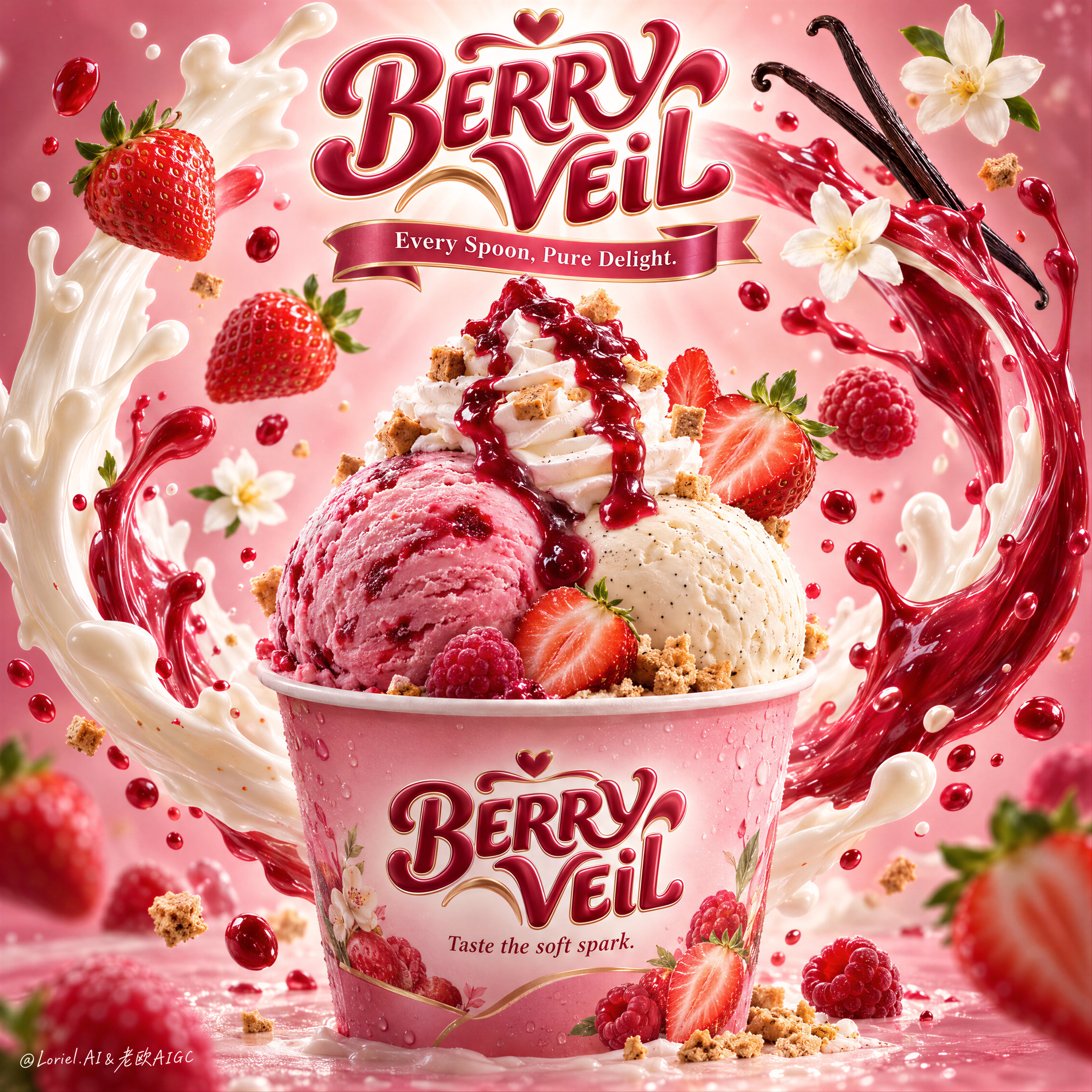A hyper-real premium dessert poster for a fictional international ice cream brand called BERRY VEIL, — AI image prompt — GPT Image 2.5