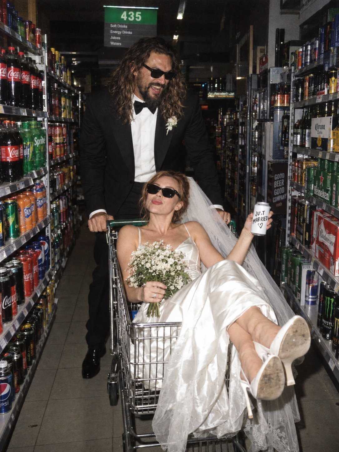 Newlywed Couple in Supermarket Aisle — AI image prompt — GPT Image 2.5 — Cinematic, Fashion, Portrait - 2