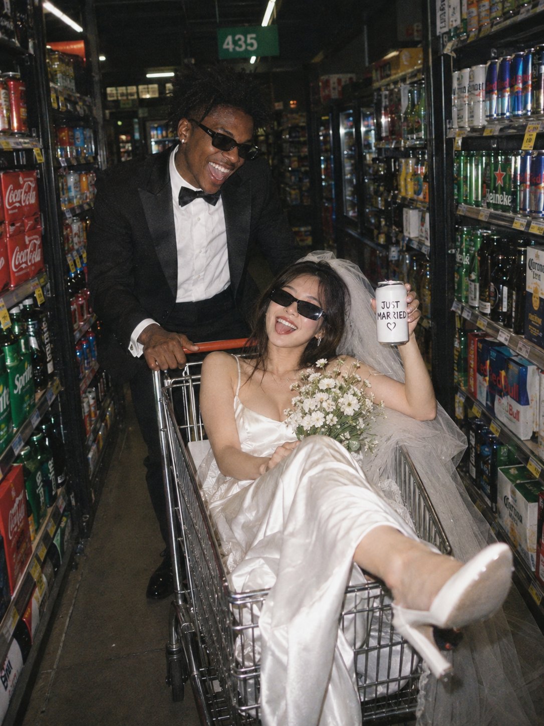 Newlywed Couple in Supermarket Aisle — AI image prompt — GPT Image 2.5 — Cinematic, Fashion, Portrait - 4