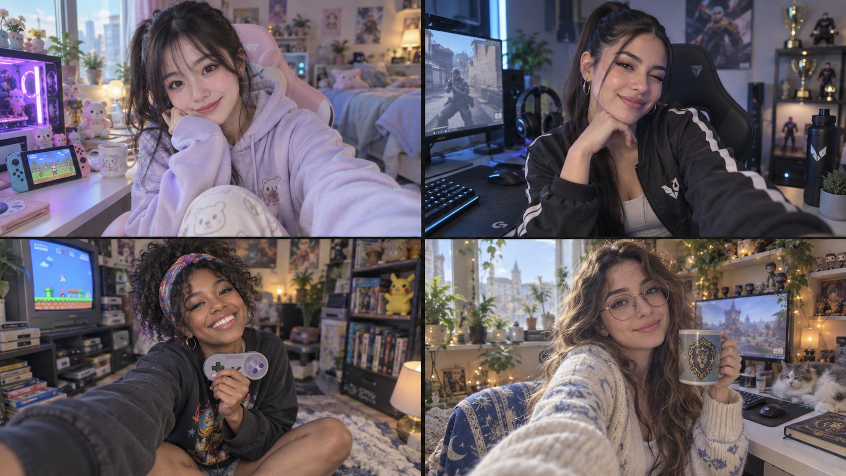 2x2 grid, 16:9, do this for 4 female gaming influencers with poses that steal your heart. // FN: inf — AI image prompt — GPT Image 2.5