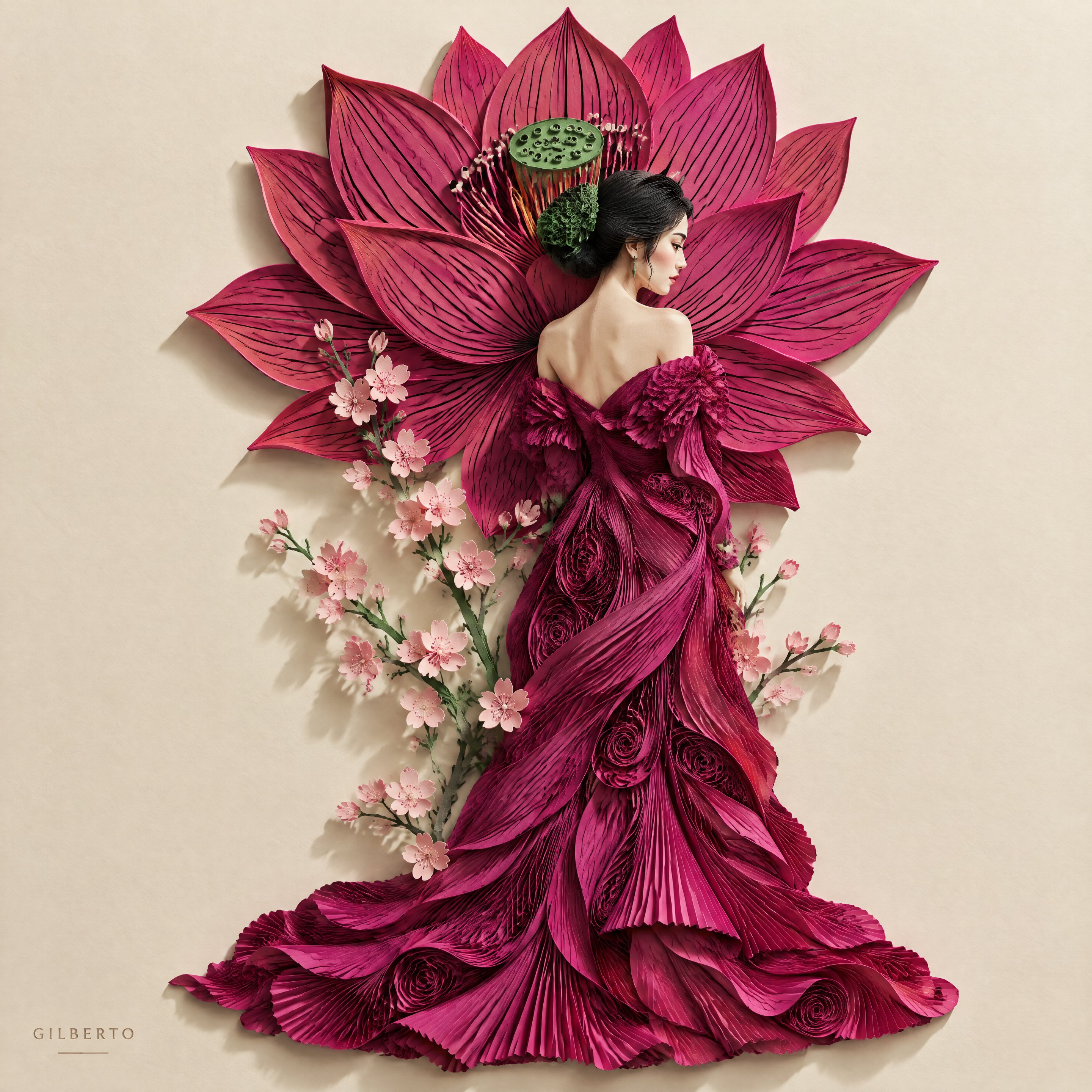A high-resolution, full-body paper-sculpture relief illustration of an elegant East Asian woman, vie — AI image prompt — GPT Image 2