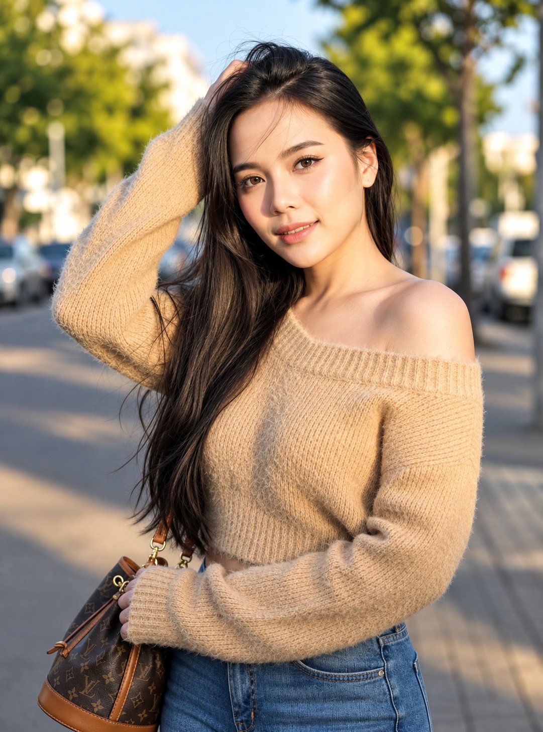 Photorealistic portrait of a beautiful young Asian woman in her early 20s, standing outdoors on a ci — AI image prompt — GPT Image 2