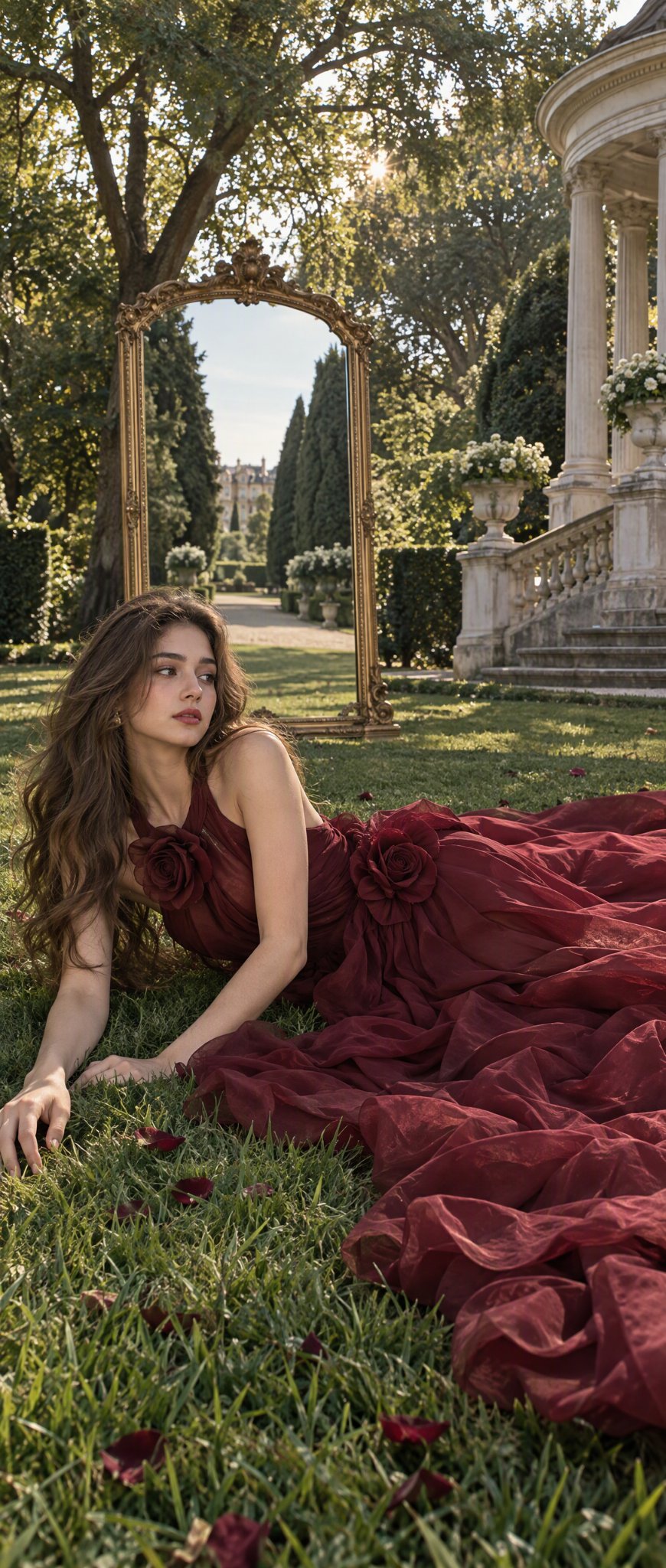 宮殿の庭のワインレッドのドレスの女性 — AI image prompt — GPT Image 2.5 — Cinematic, Fashion, Portrait - 4