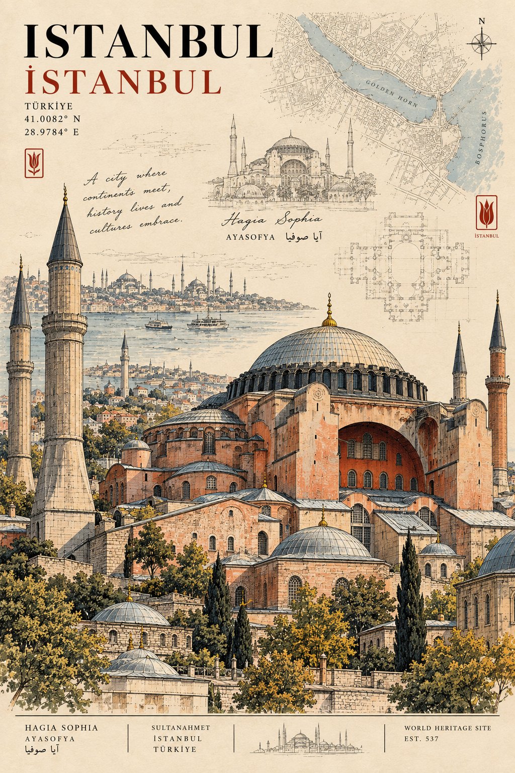 Architectural Travel Postcard Ink Illustration — AI image prompt — GPT Image 2.5 — Poster, Architecture, Sketch - 3