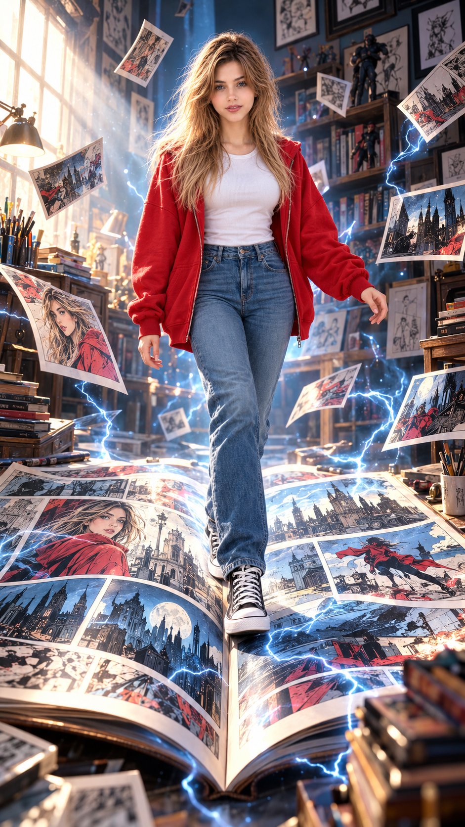 超写实IMAX级Netflix风格超现实电影感漫画奇幻肖像，9:16竖版。使用上传的图像作为主要视觉参考，并保留准确的面部身份、比例和标志性特征。创作一位女性，身穿亮红色超大号拉链连帽卫衣，内搭合身纯 — AI image prompt — GPT Image 2.5