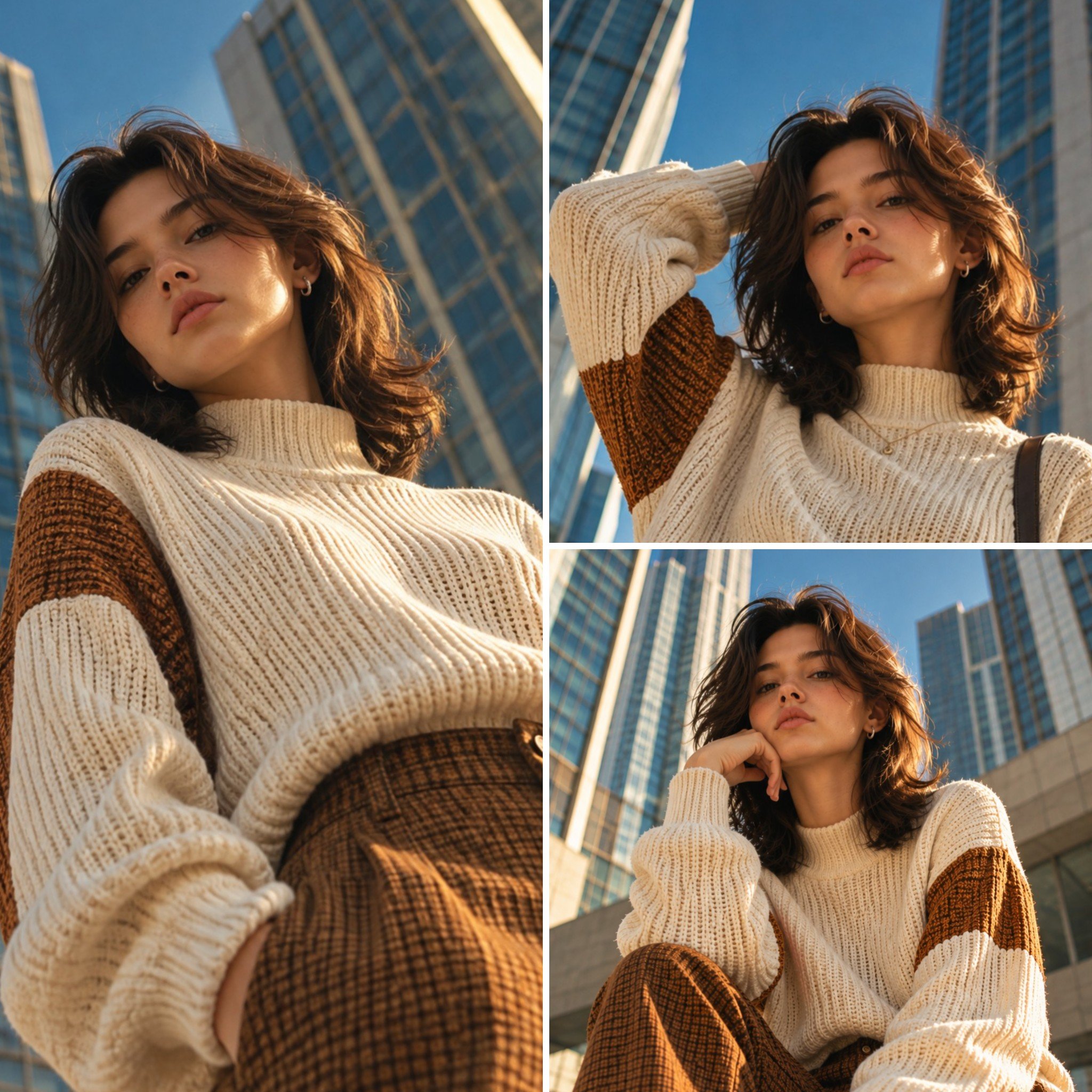 Create a high-end cinematic fashion photograph of a young woman standing confidently in a modern cit — AI image prompt — GPT Image 2.5