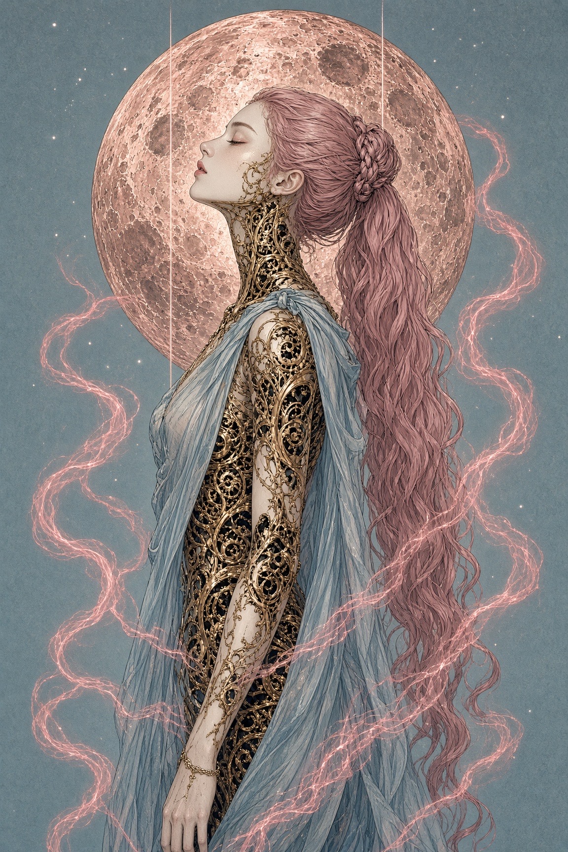 Gold Filigree Woman With Moon Halo — AI image prompt — Grok Imagine 2 — Anime, Fantasy, Ethereal - 2