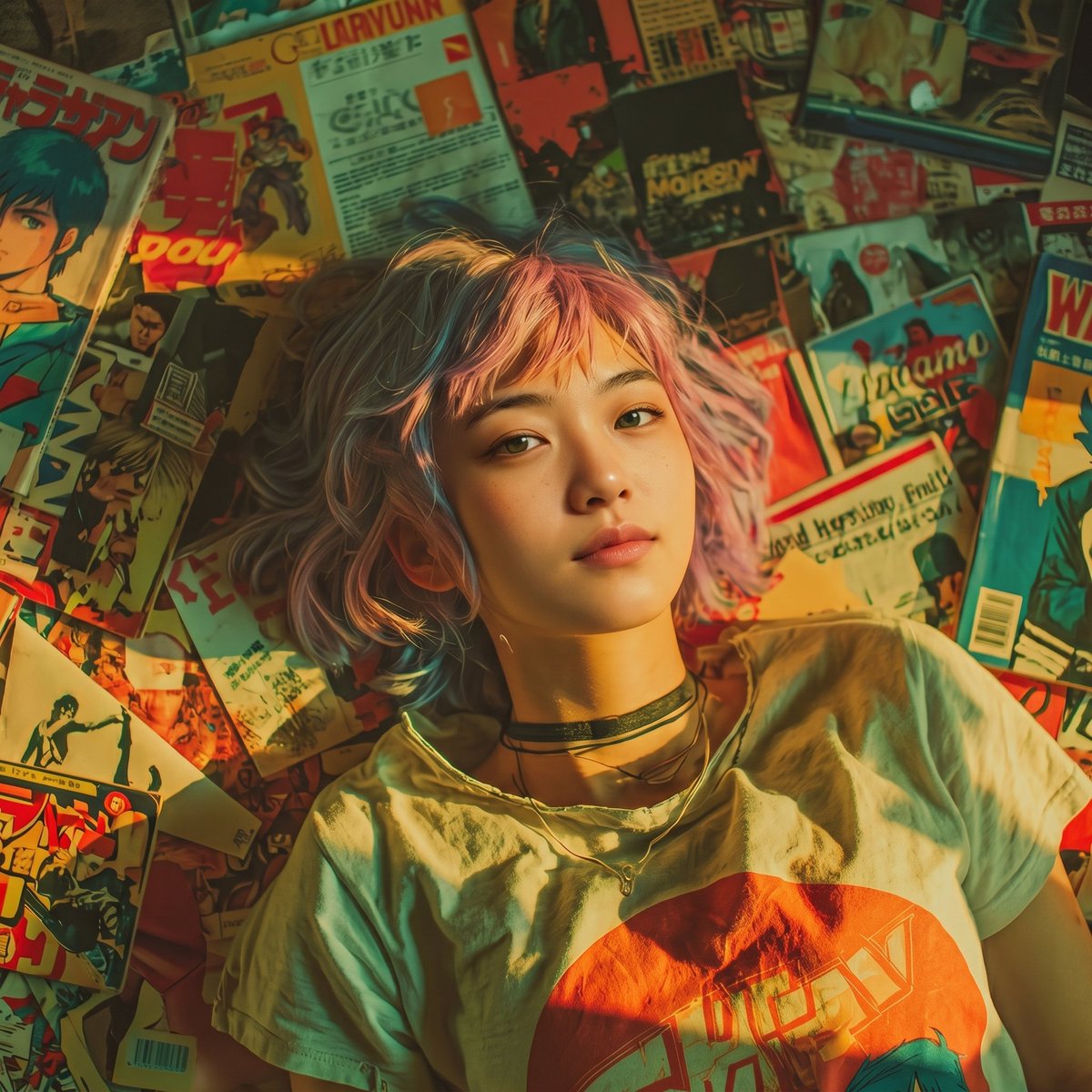 クールで幻想的な東アジア系の若い女性を真上から撮影した、シネマティックな35mmフィルム写真。彼女は仰向けに寝ており、カメラをまっすぐに見上げている。その視線は穏やかで魅力的、どこかノスタルジック。髪 — AI image prompt — FLUX 3