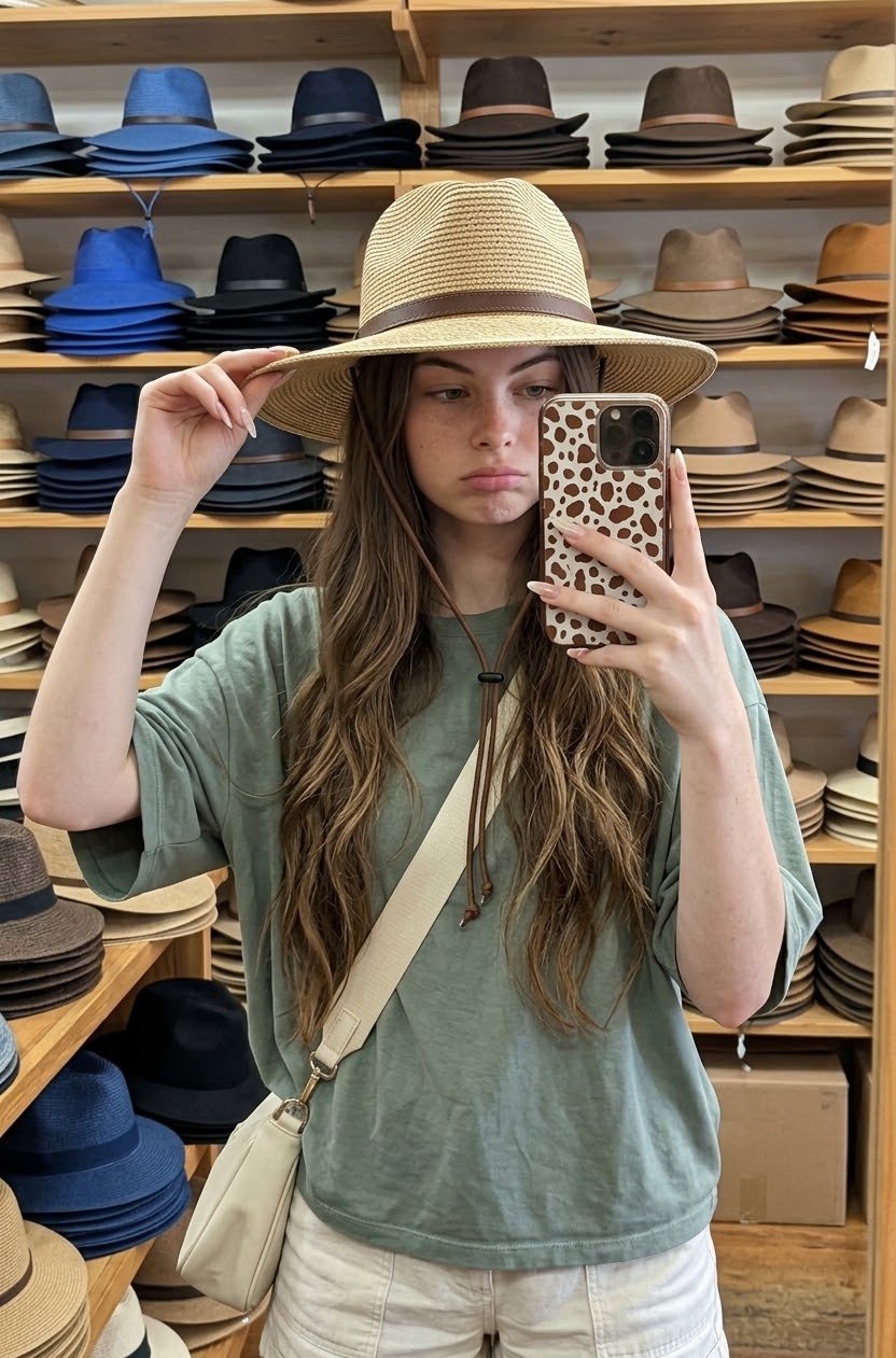 The person has long wavy brown hair and light skin with long, polished nails. They are wearing a sag — AI image prompt — Nano Banana Pro