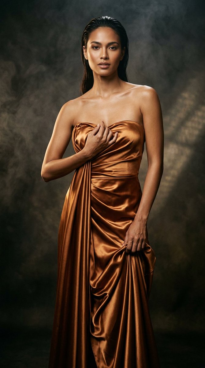 Copper Satin Draped Gown Portrait — AI image prompt — Nano Banana — Dramatic, Fashion, Portrait - 2