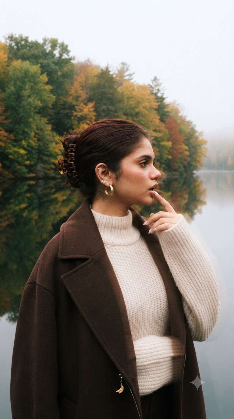 Realistic autumn chest-up photo by a lake or river. A young woman stands against a river and an autu — AI image prompt — Nano Banana