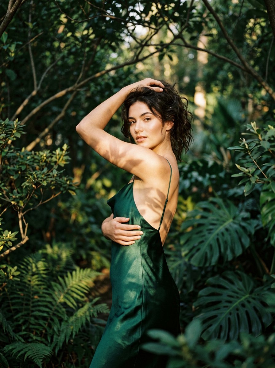 An elegant portrait of a woman against a natural backdrop, imbued with sensuality and a refined aest — AI image prompt — Nano Banana