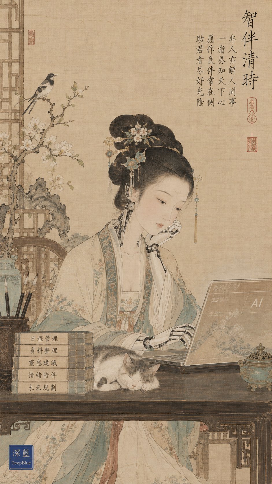 宋徽宗の審美 × 宋代院体工筆 × 【超現実的主題】 × 極致の工筆細部 × 瘦金体題詩 × 朱文鈐印 × 宋式余白 × 古画絹本の肌理 × 左下隅に「深藍」が上、「DeepBlue」が下の深藍色篆刻 — AI image prompt — GPT Image 2.5