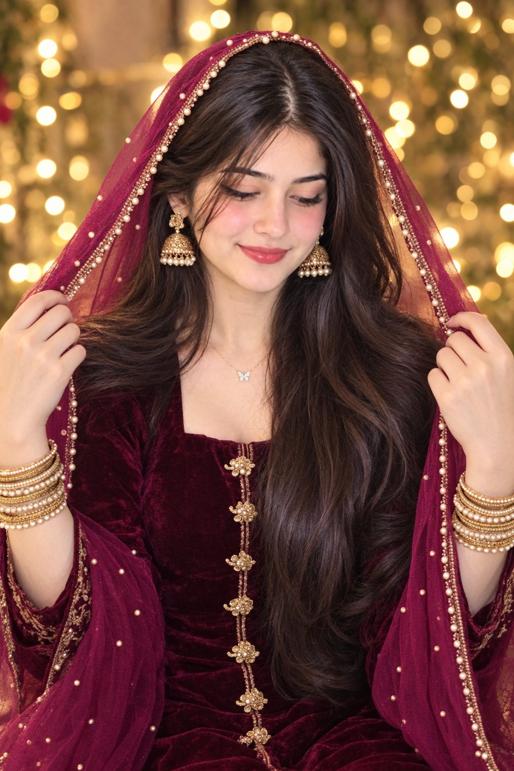 A highly detailed, photorealistic portrait of a beautiful South Asian woman with long, voluminous wa — AI image prompt — Nano Banana Pro