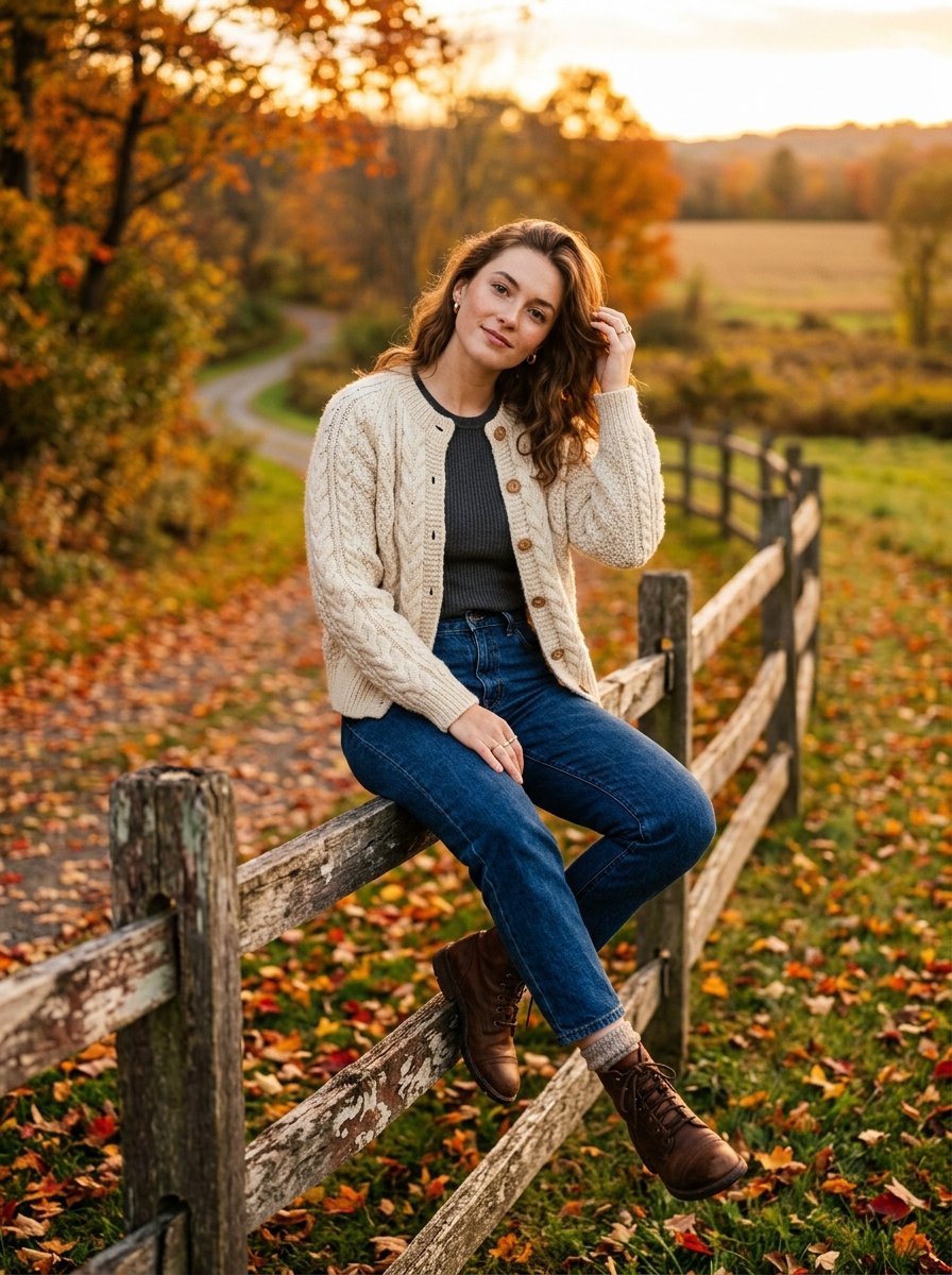 Editorial fashion portrait of a model sitting on a wooden fence in a countryside field, wearing a cr — AI image prompt — Nano Banana