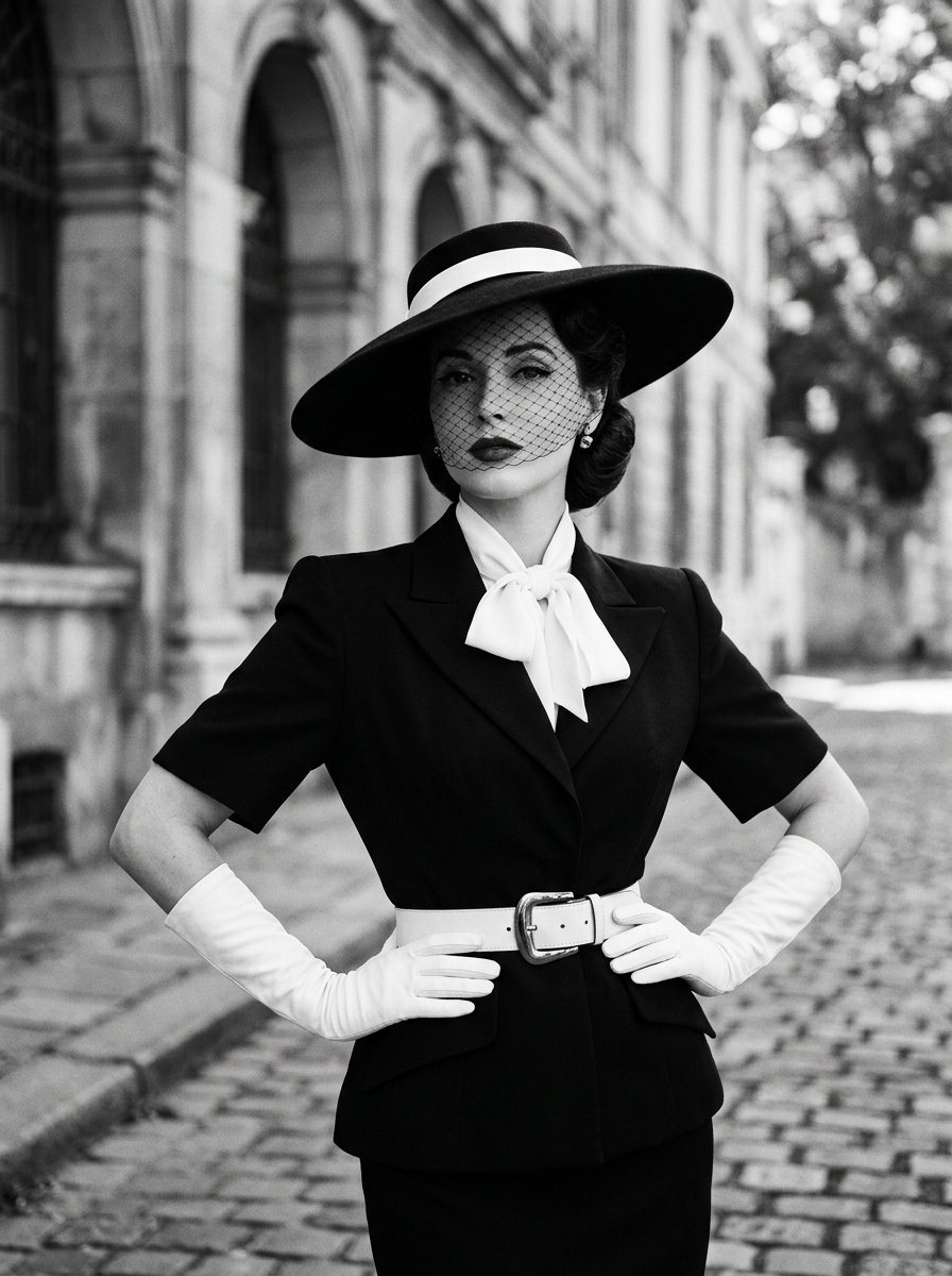 A striking black and white portrait of a woman in high-fashion vintage style, wearing a wide-brimmed — AI image prompt — Nano Banana