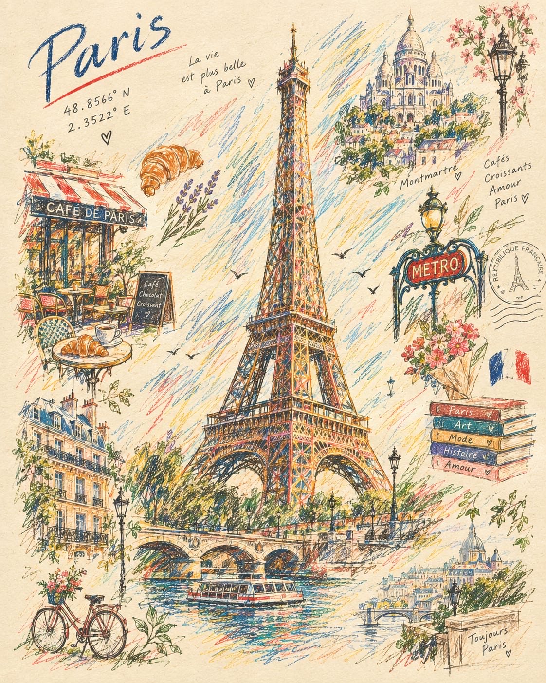Handcrafted Colored Pencil Travel Poster — AI image prompt — GPT Image 2.5 — Poster, Vintage, Sketch - 2