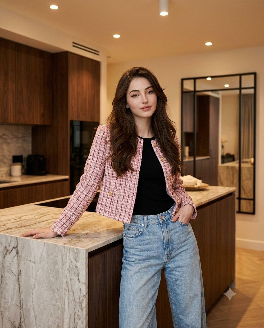 Create a photorealistic fashion portrait of a young woman casually leaning against a modern kitchen  — AI image prompt — Nano Banana Pro