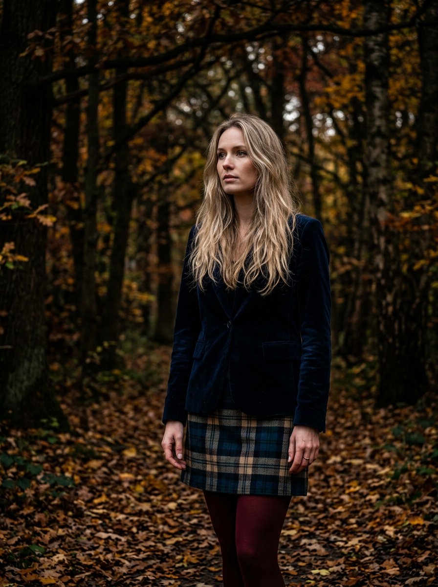 an hyper realistic photo of a woman with long blond hair. She is wearing a plaid dark blue and beige — AI image prompt — Nano Banana
