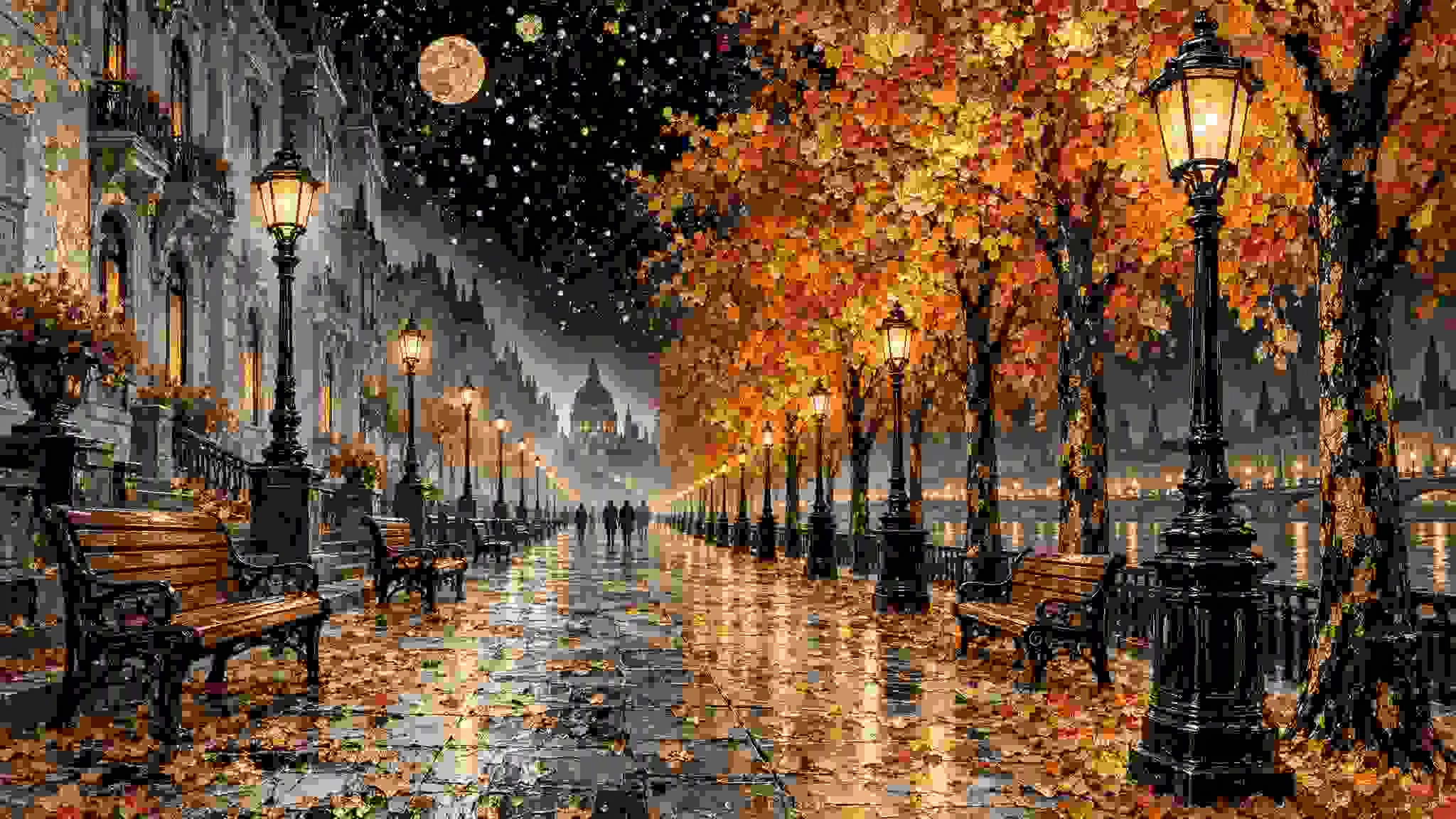 秋の夜の大通りを描いた、非常に精細でテクスチャ豊かなミクストメディアの都市景観アートワーク。黒、金、そして輝く琥珀色の色彩世界を用い、ドラマチックな高級ギャラリー風に表現する。装飾的な黒い街灯と木製ベ — AI image prompt — GPT Image 2.5