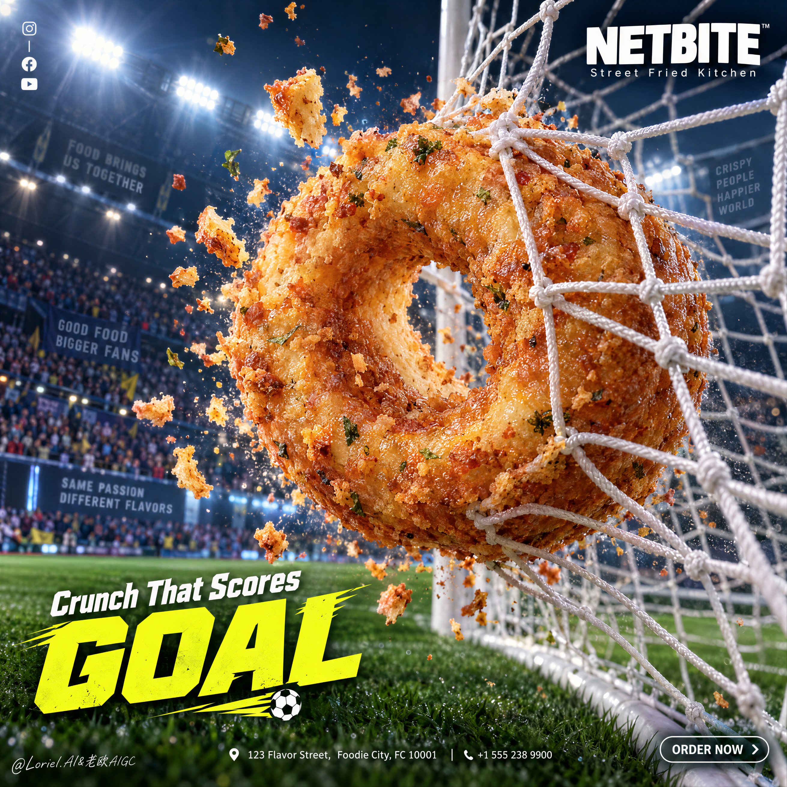 架空のスナックブランド「NETBITE」のためのプレミアムなスタジアムフードポスター。感情的なインパクト、素材の精密さ、キュレーションされた明瞭さを一つの統合された広告画像に融合させる。正確なゴールシ — AI image prompt — GPT Image 2.5