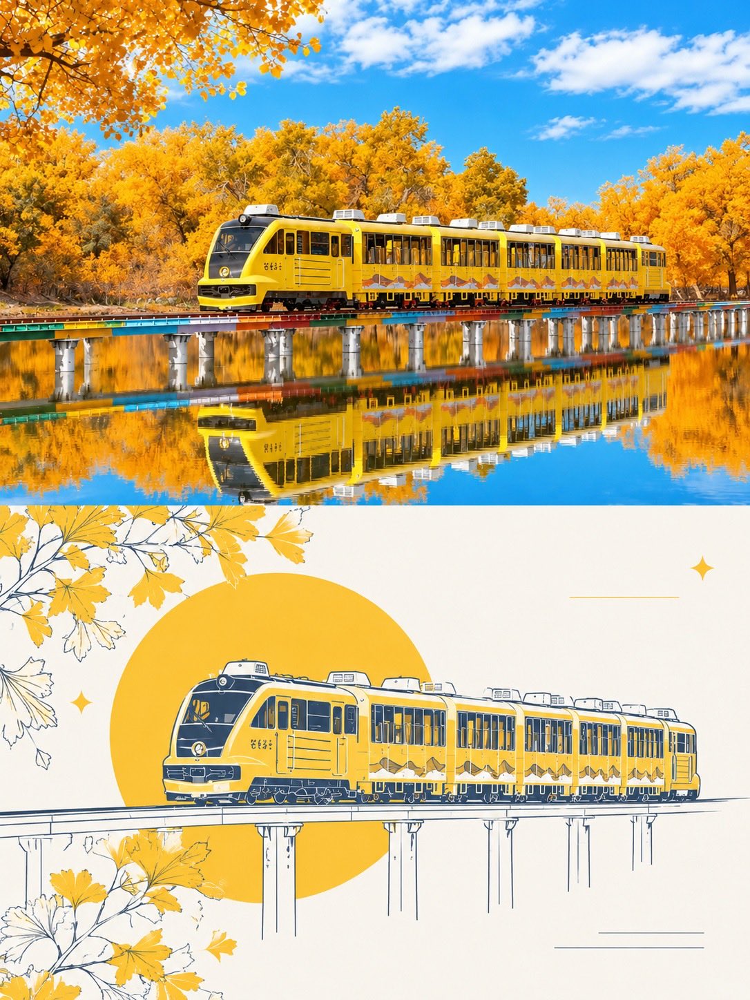 참조 이미지에서 영감을 받은 2단 여행 포스터를 제작하세요.
상단 패널: 완벽하게 잔잔한 호수 위에 놓인 긴 고가 철도 다리를 가로질러 달리는 현대적인 노란색 관광 열차가 있는,  — AI image prompt — GPT Image 2