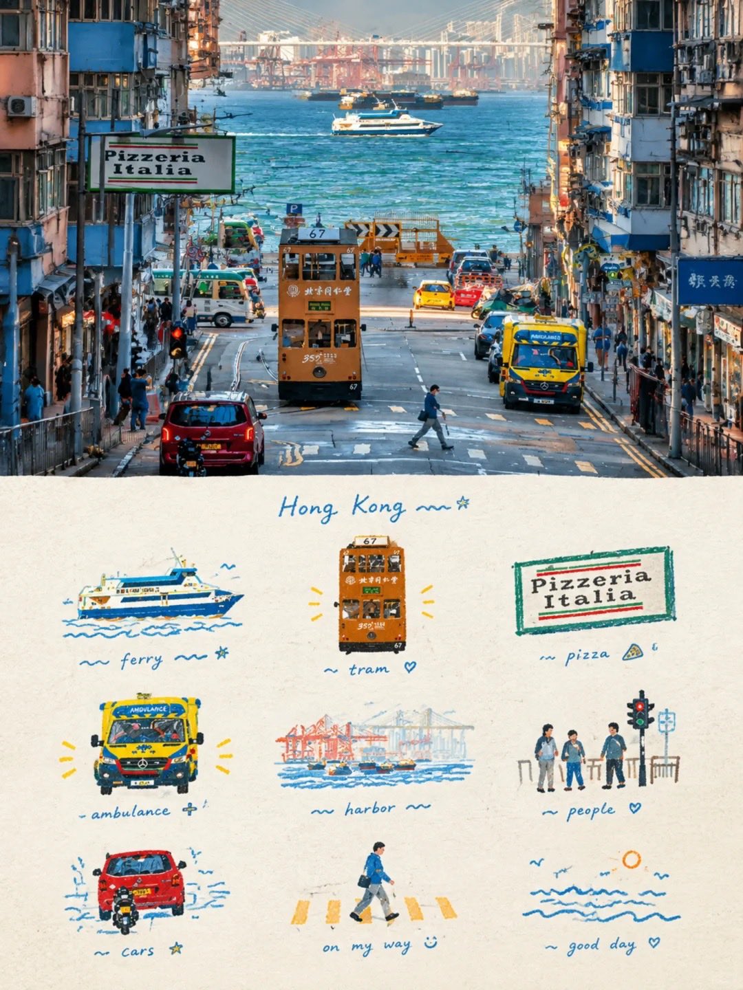 참조 이미지를 바탕으로 세로형 홍콩 여행 스크랩북 포스터를 만들어 주세요. 구도는 상단 절반에 크고 사실적인 여행 사진, 하단 절반에 손으로 그린 일러스트 여행 일기를 배치합니다. — AI image prompt — GPT Image 2.5