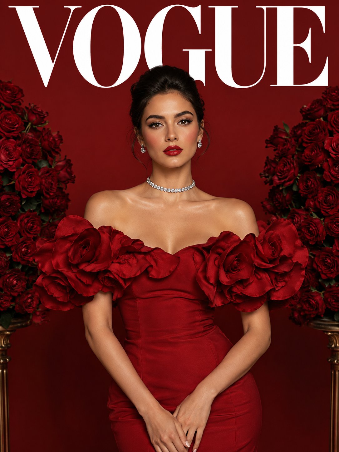 High-fashion editorial cover portrait of a woman with dark hair in a sleek low bun, composed regal e — AI image prompt — FLUX 3