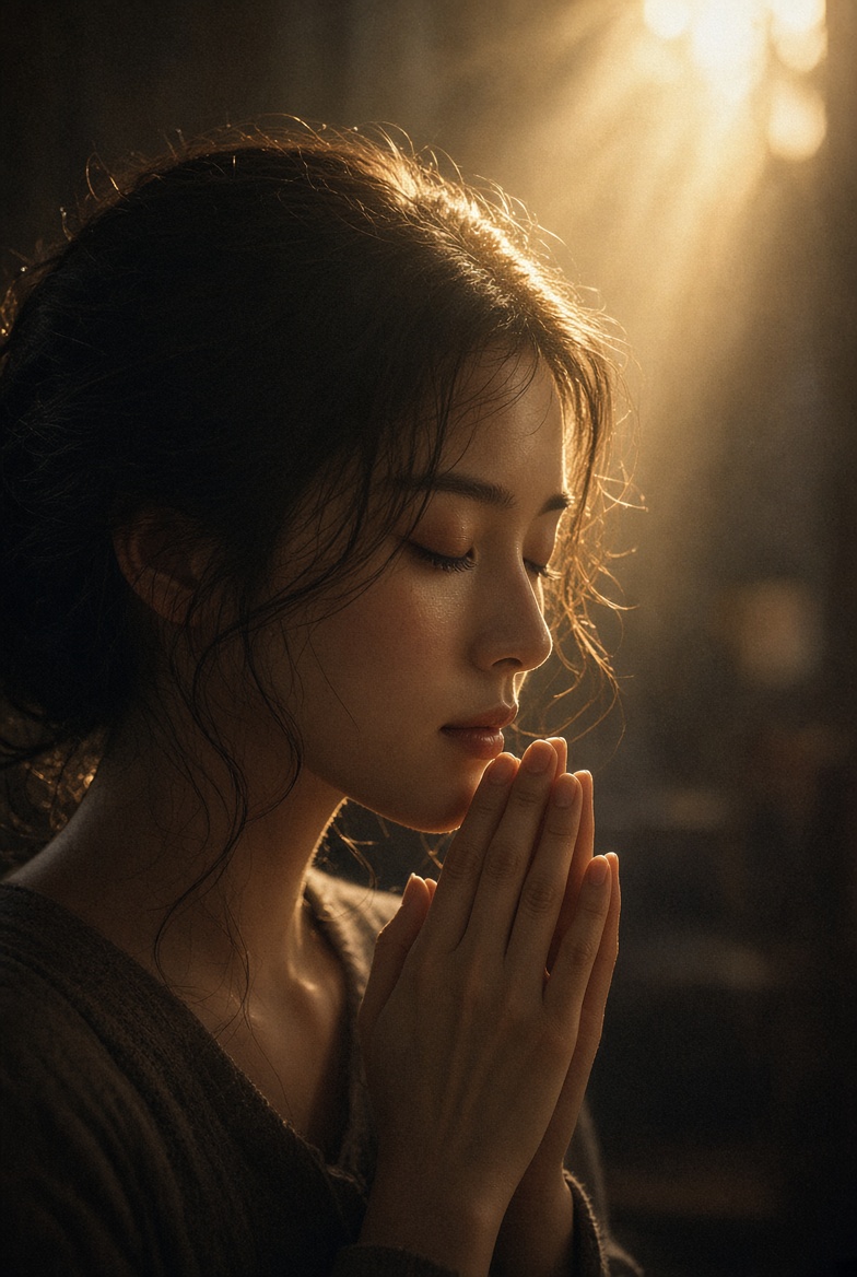 1. 주제 및 행동
진실하고 조용한 기도에 잠긴 아름다운 동아시아 젊은 여성. 눈은 부드럽게 감고, 고개는 살짝 숙이고, 두 손은 입가에 모은 모습. 섬세하고 정교한 이목구비: 가 — AI image prompt — Grok Imagine 2